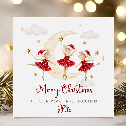Ballerina Mice on the Moon Christmas Card for Girls – Cotton and Twigg