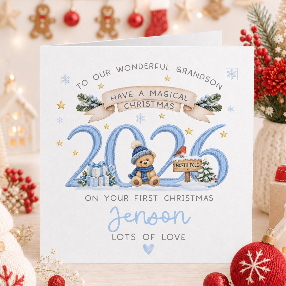 Green Teddy North Pole 2026 Unisex Baby's First Christmas Card – photo 2