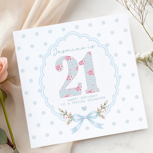 Blue Floral Numbers & Bow 21st Birthday Card – Cotton and Twigg