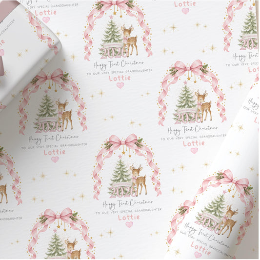 Girls pink bow and deer 1st Christmas wrapping paper