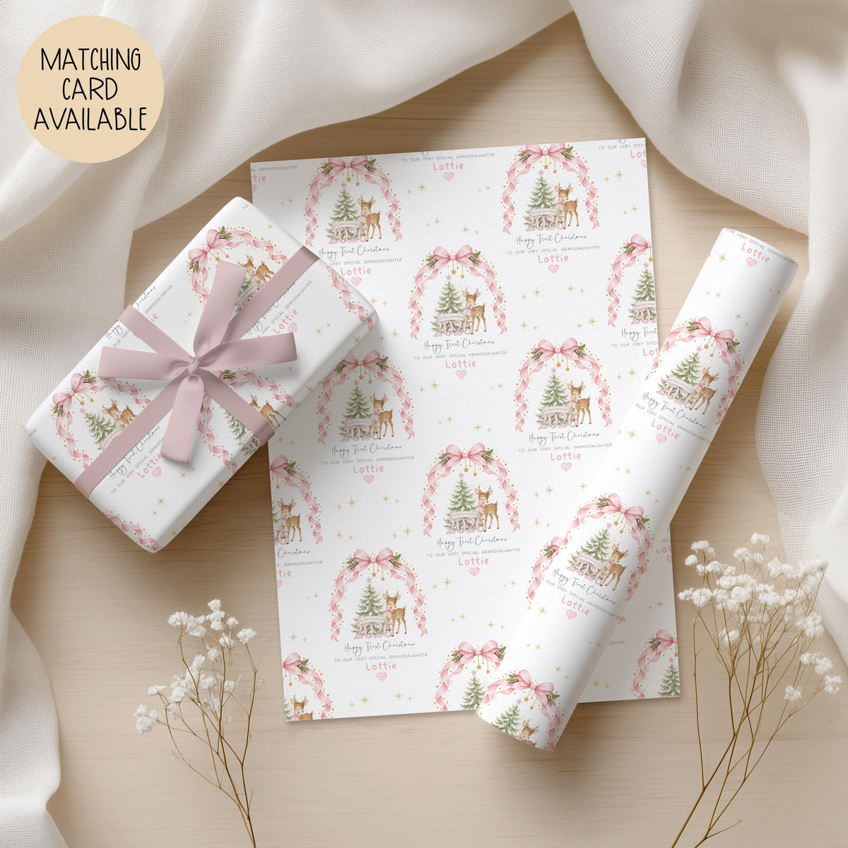 Girls pink bow and deer 1st Christmas wrapping paper
