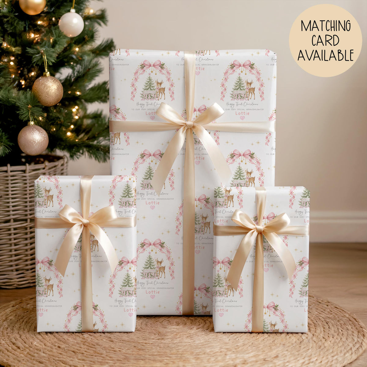 Girls pink bow and deer 1st Christmas wrapping paper