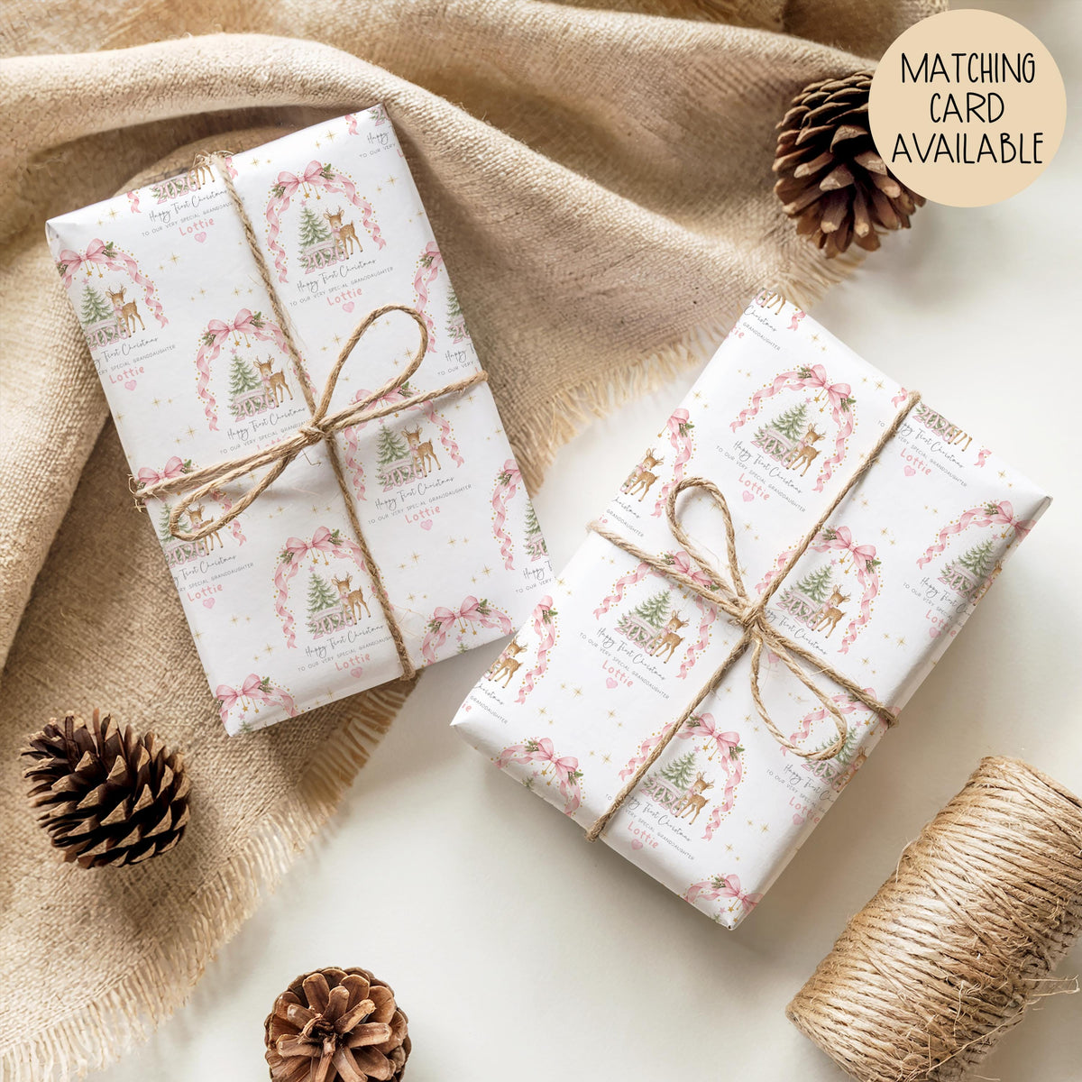 Girls pink bow and deer 1st Christmas wrapping paper