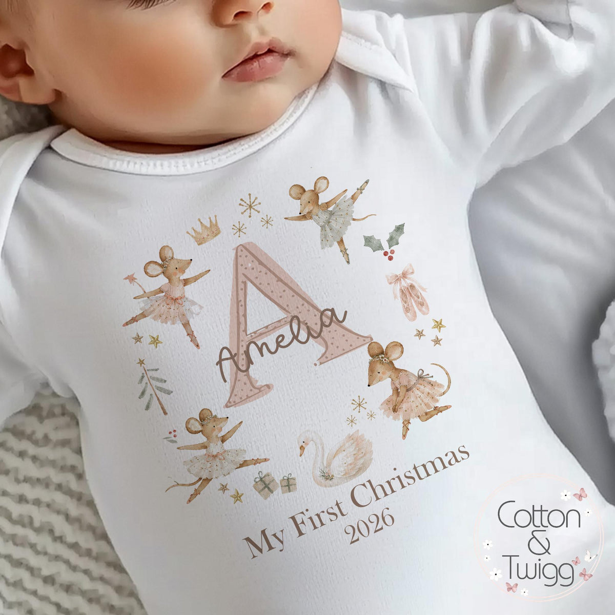 Ballerina Mice Initial Baby's First Christmas Sleepsuit, Vest & Bib