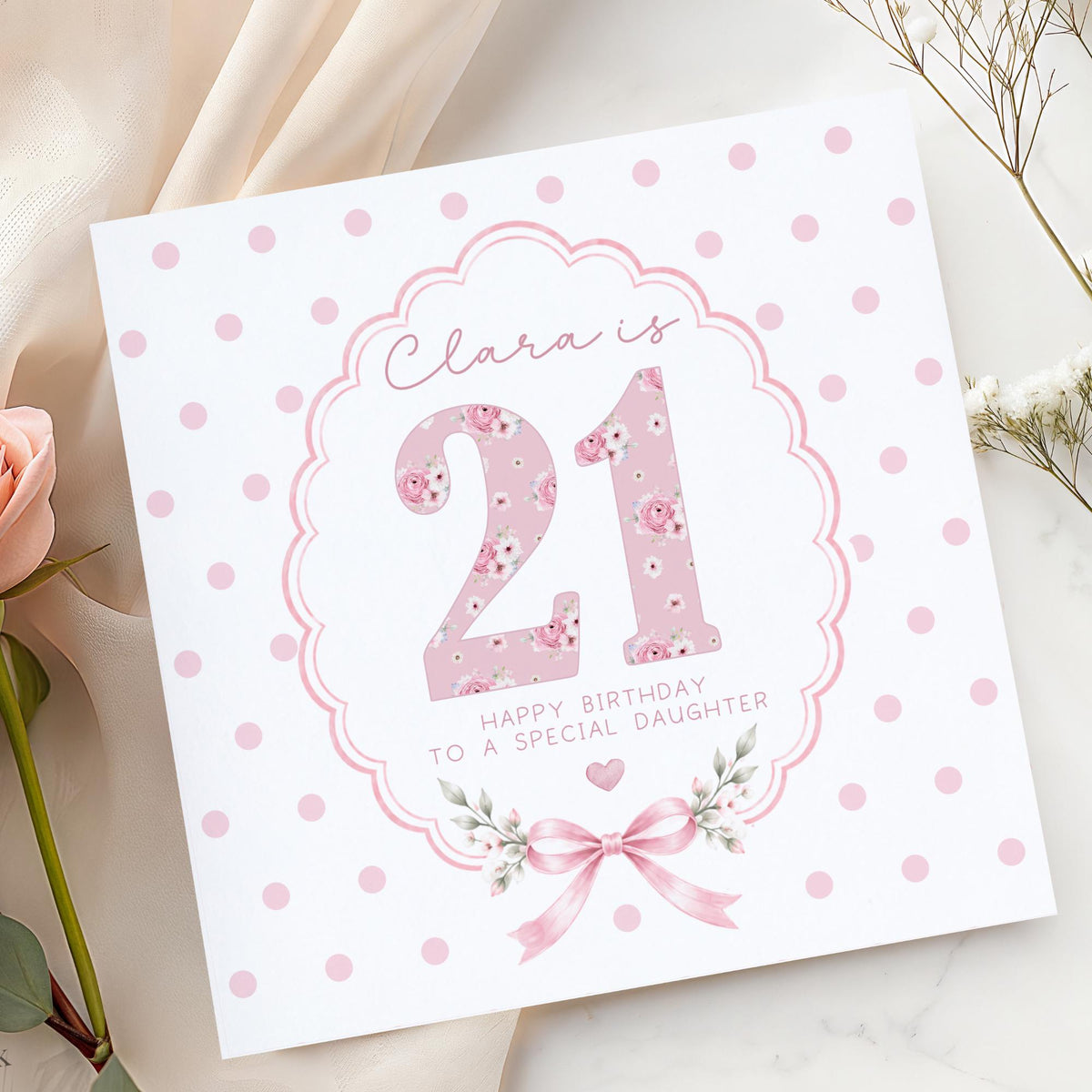 Pink Floral Numbers & Bow 21st Birthday Card – Cotton and Twigg