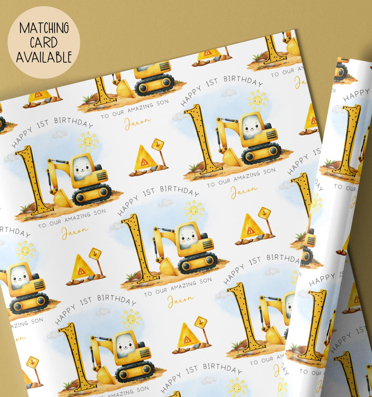 Kids yellow digger 1st birthday wrapping paper