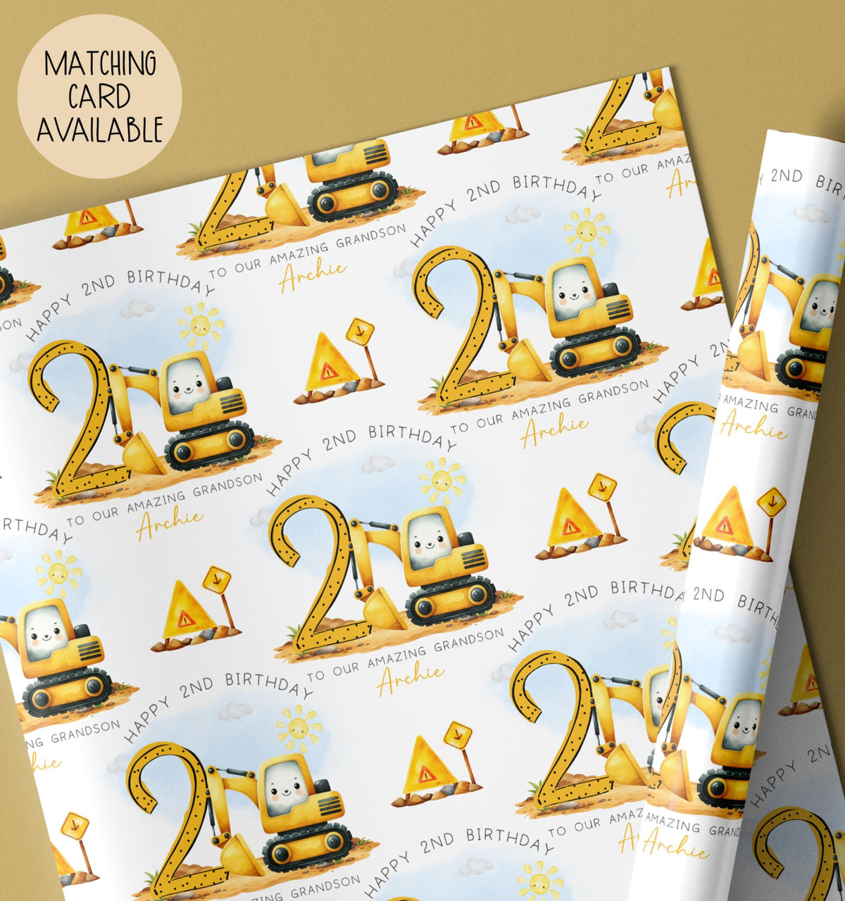 Kids yellow digger 1st birthday wrapping paper