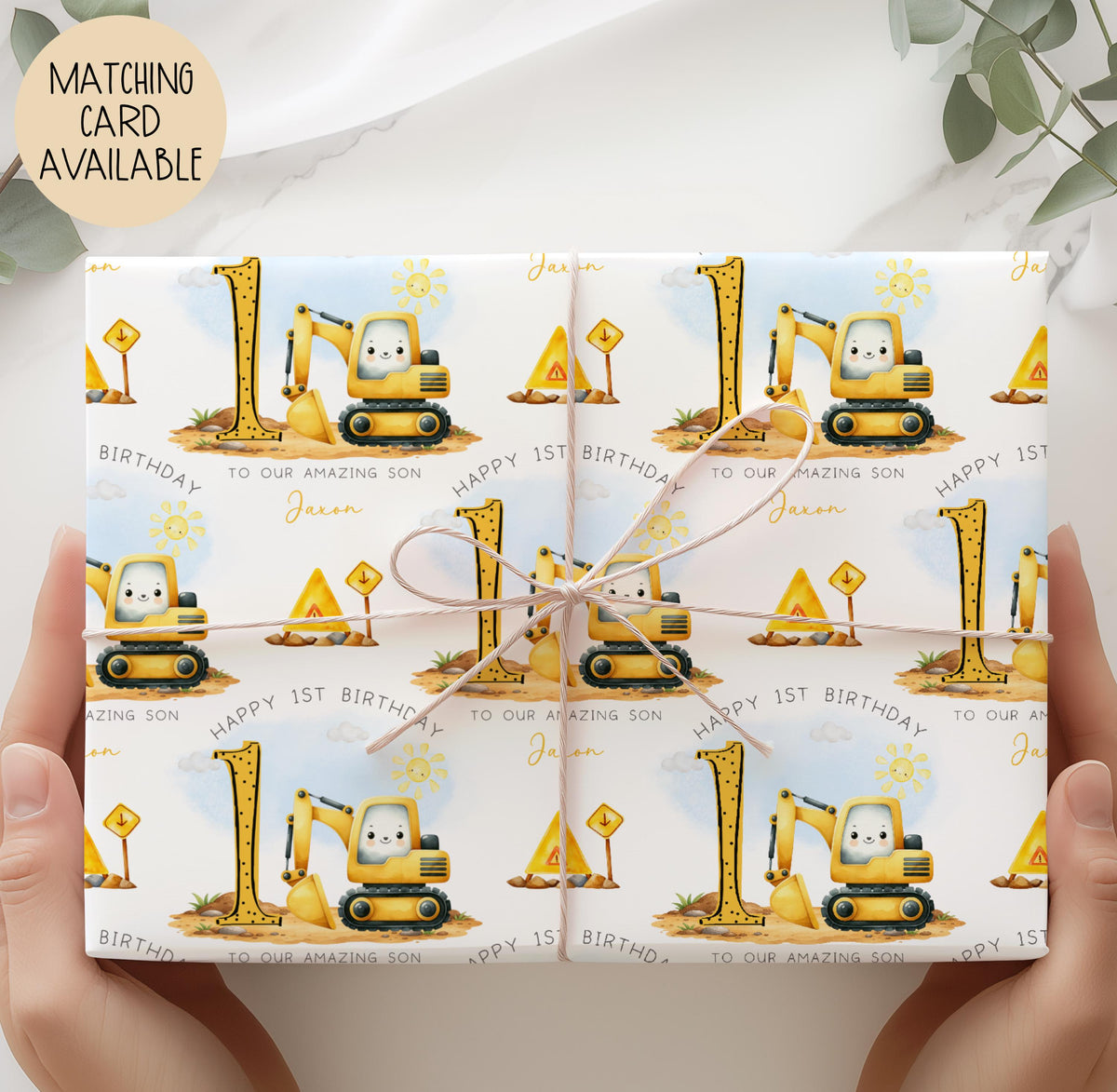 Kids yellow digger 1st birthday wrapping paper