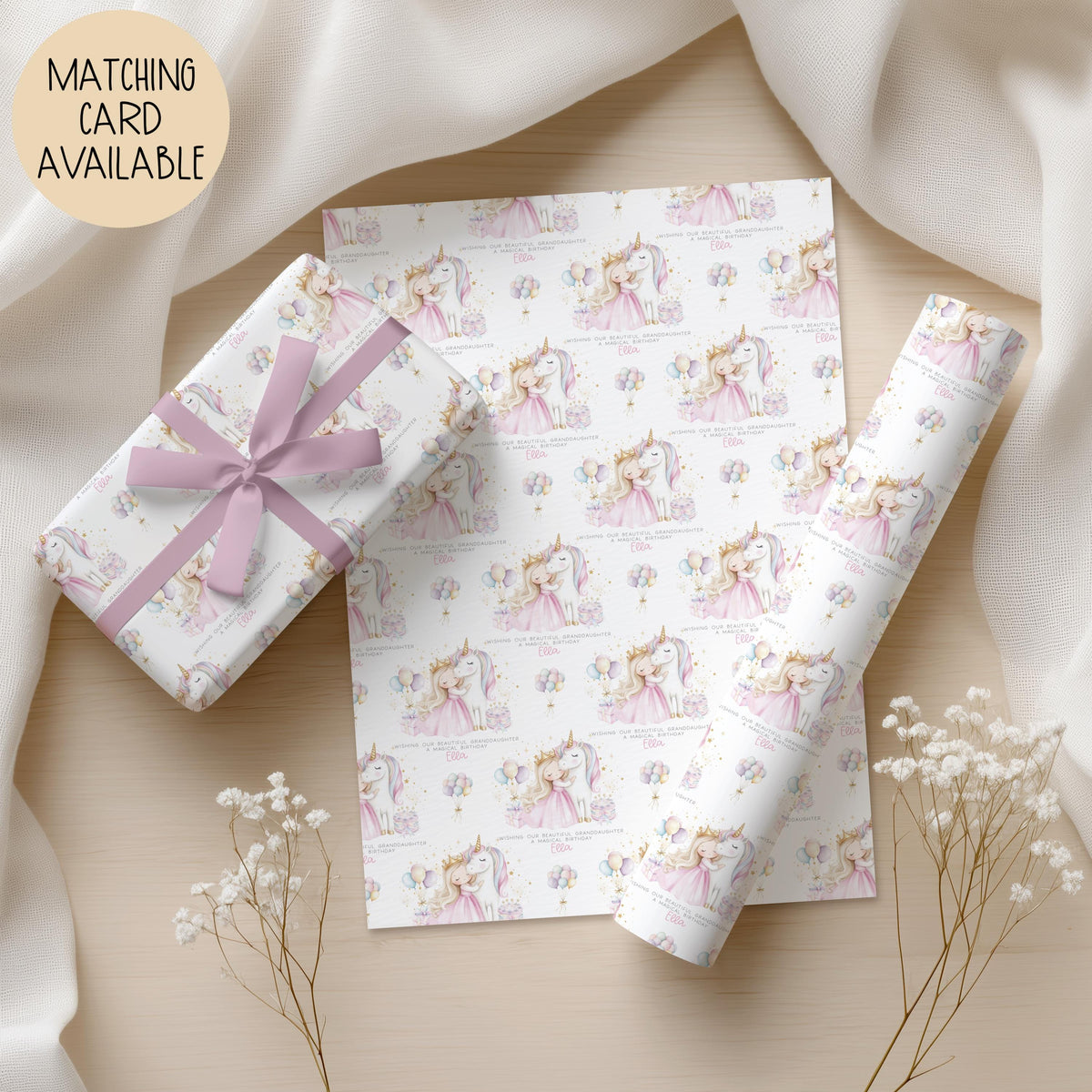 Girls pink unicorn birthday wrapping paper