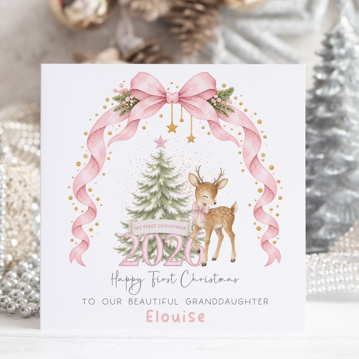 Pink Bow & Deer Baby's First Christmas Card 2026 for Baby Girl – photo 2