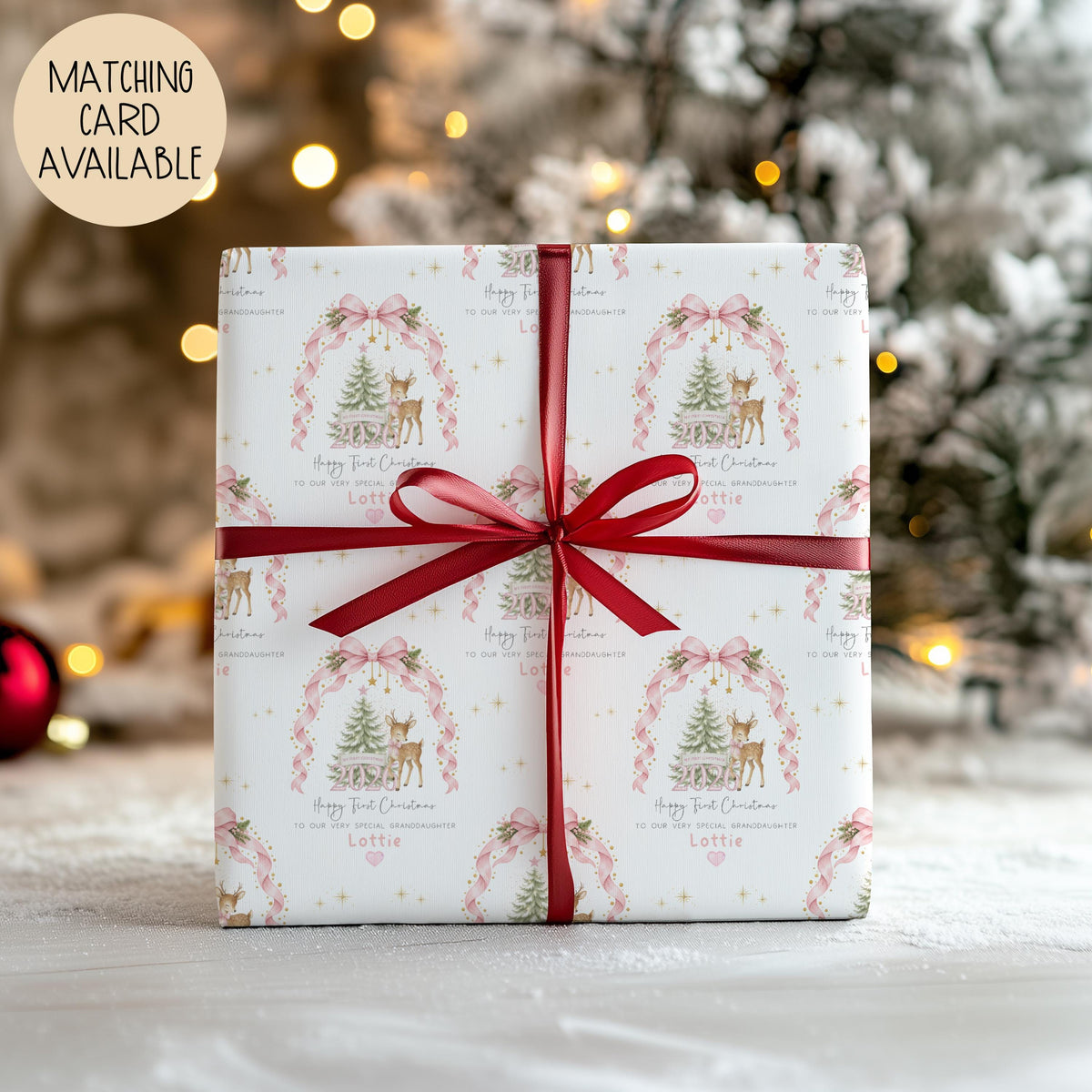 Girls pink bow and deer 1st Christmas wrapping paper
