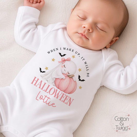 Pink Pumpkin Ghost 'When I Wake Up It Will Be Halloween' – Personalised Sleepsuit, Vest & Bib