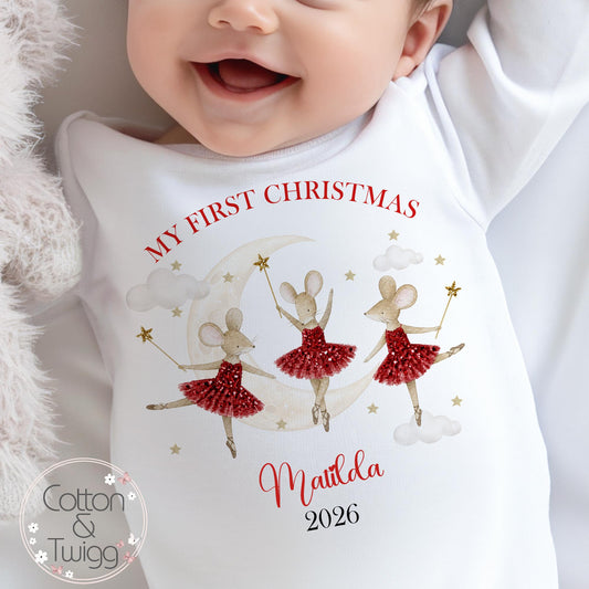 Red Ballerina Mice Baby's First Christmas Sleepsuit, Vest & Bib