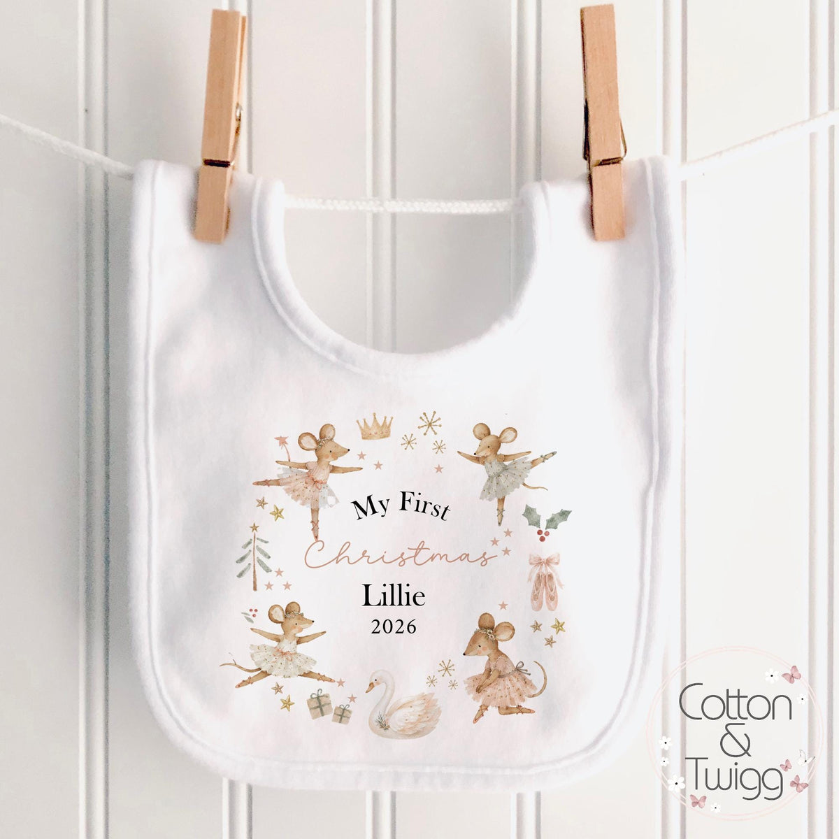 Ballerina Mice Wreath Baby's First Christmas Sleepsuit, Vest & Bib