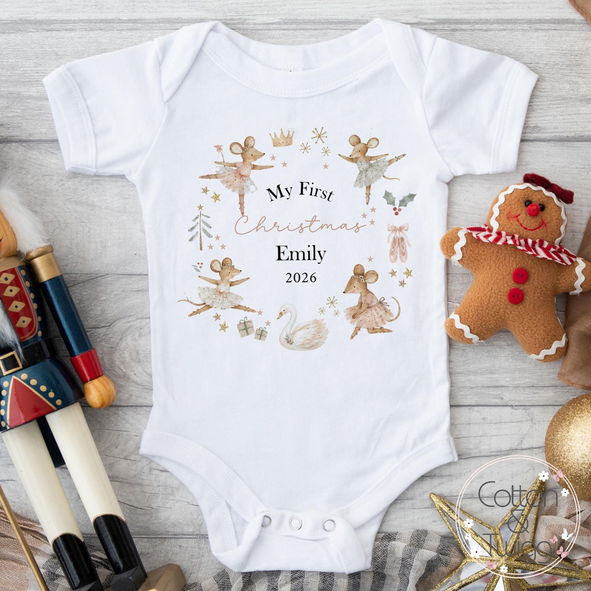 Ballerina Mice Wreath Baby's First Christmas Sleepsuit, Vest & Bib