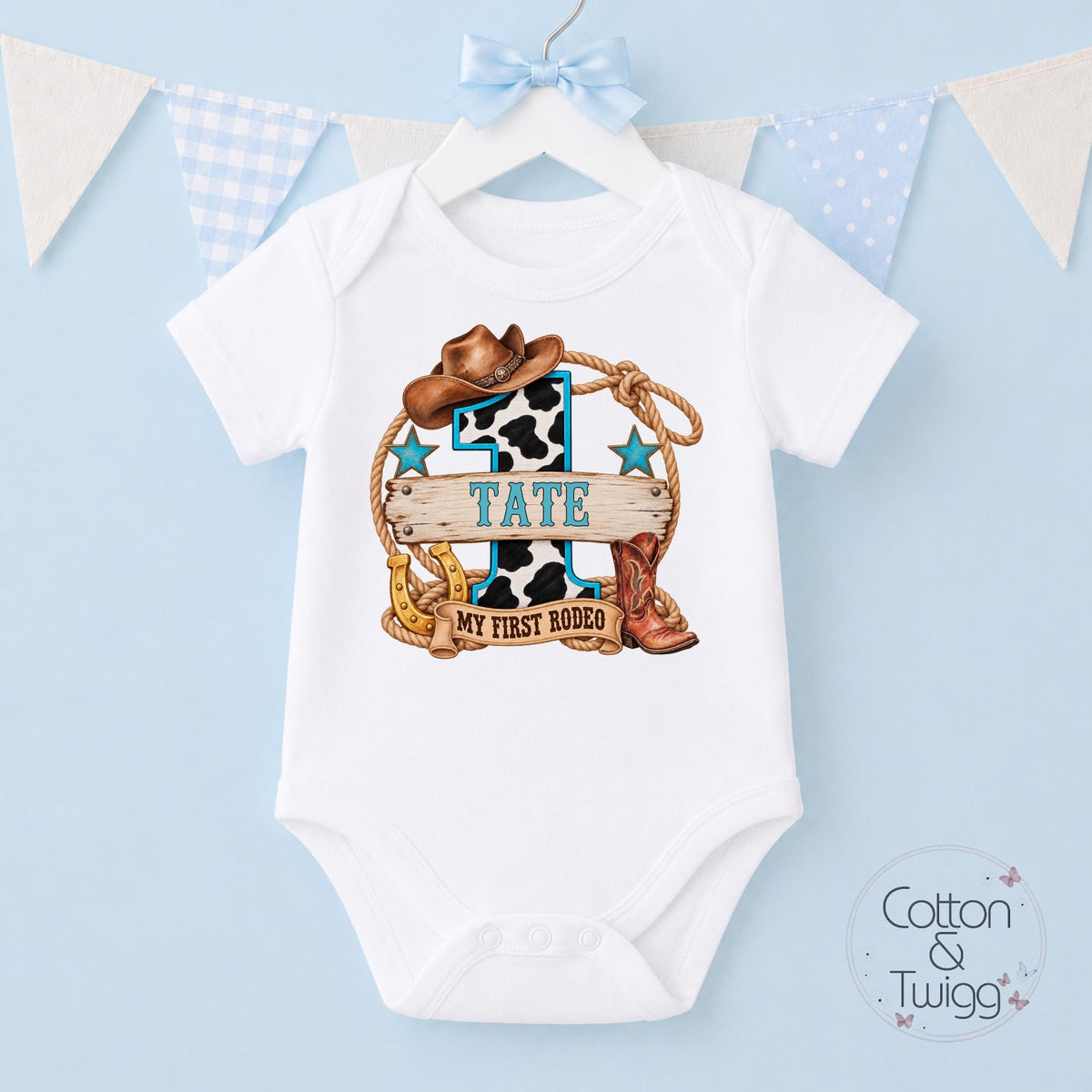 Blue Cowboy Number One First Rodeo Personalised Birthday Outfit