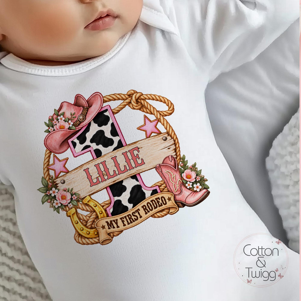 Pink Cow Print Number One First Rodeo Personalised Birthday Outfit