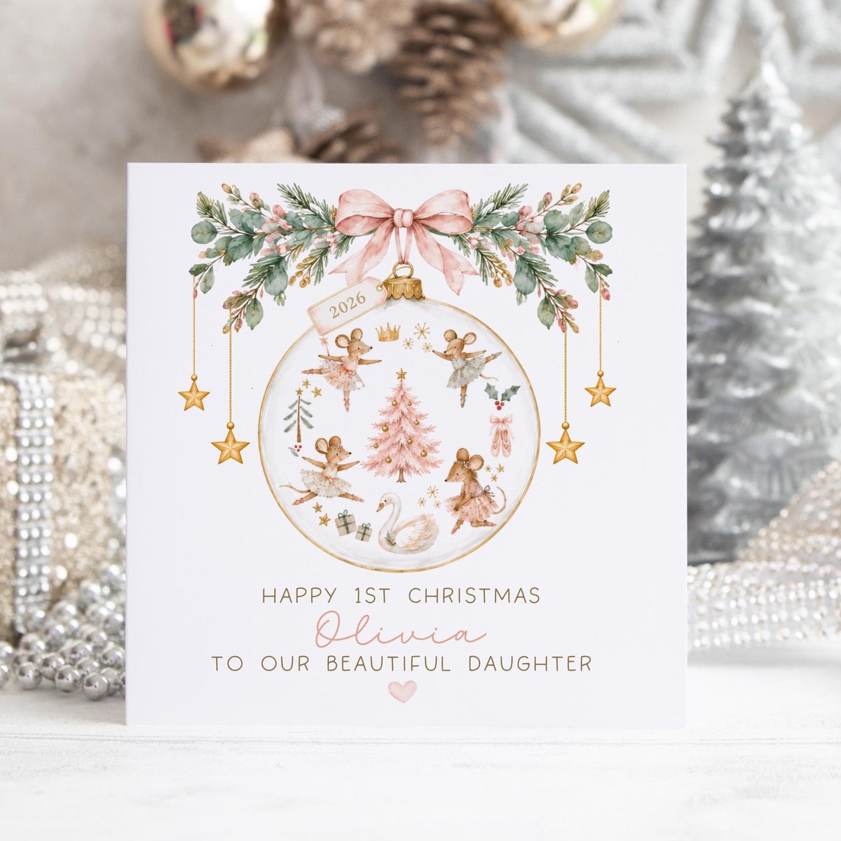Ballerina Mice Bauble Baby's First Christmas Card 2026 for Baby Girl – Cotton and Twigg