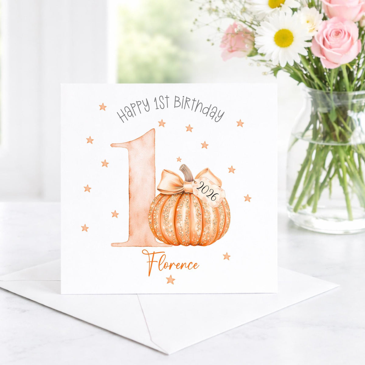 Orange Pumpkin & Bow 1st Birthday Card for Girls – Cotton and Twigg