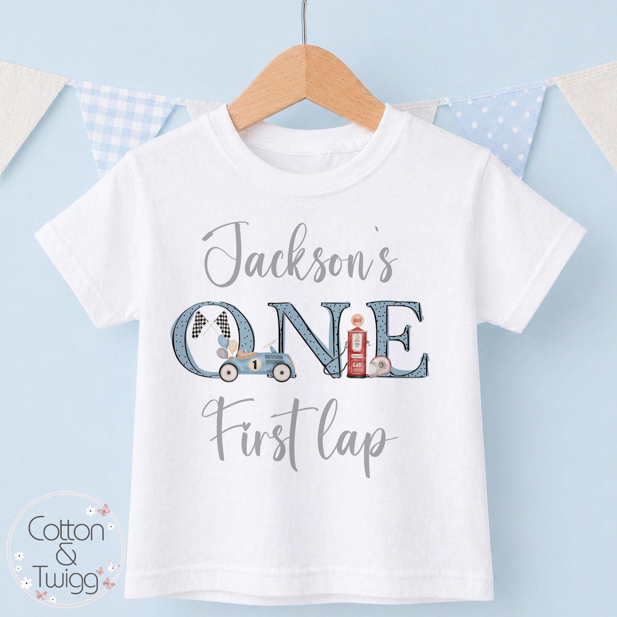 Blue Racing Car ONE First Lap Personalised 1st Birthday Outfit