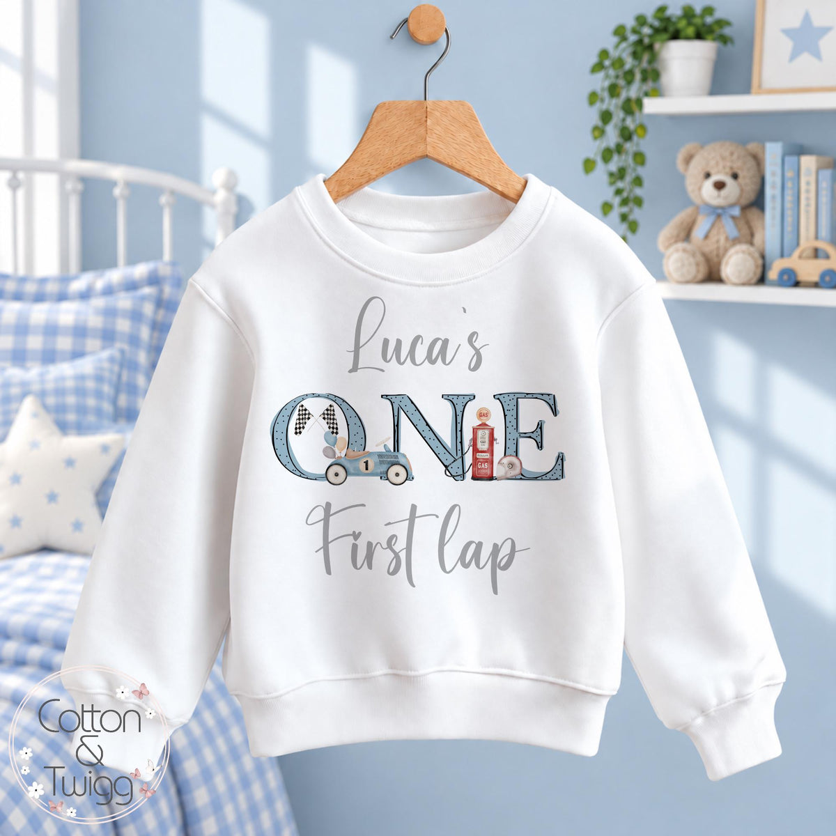 Blue Racing Car ONE First Lap Personalised 1st Birthday Outfit