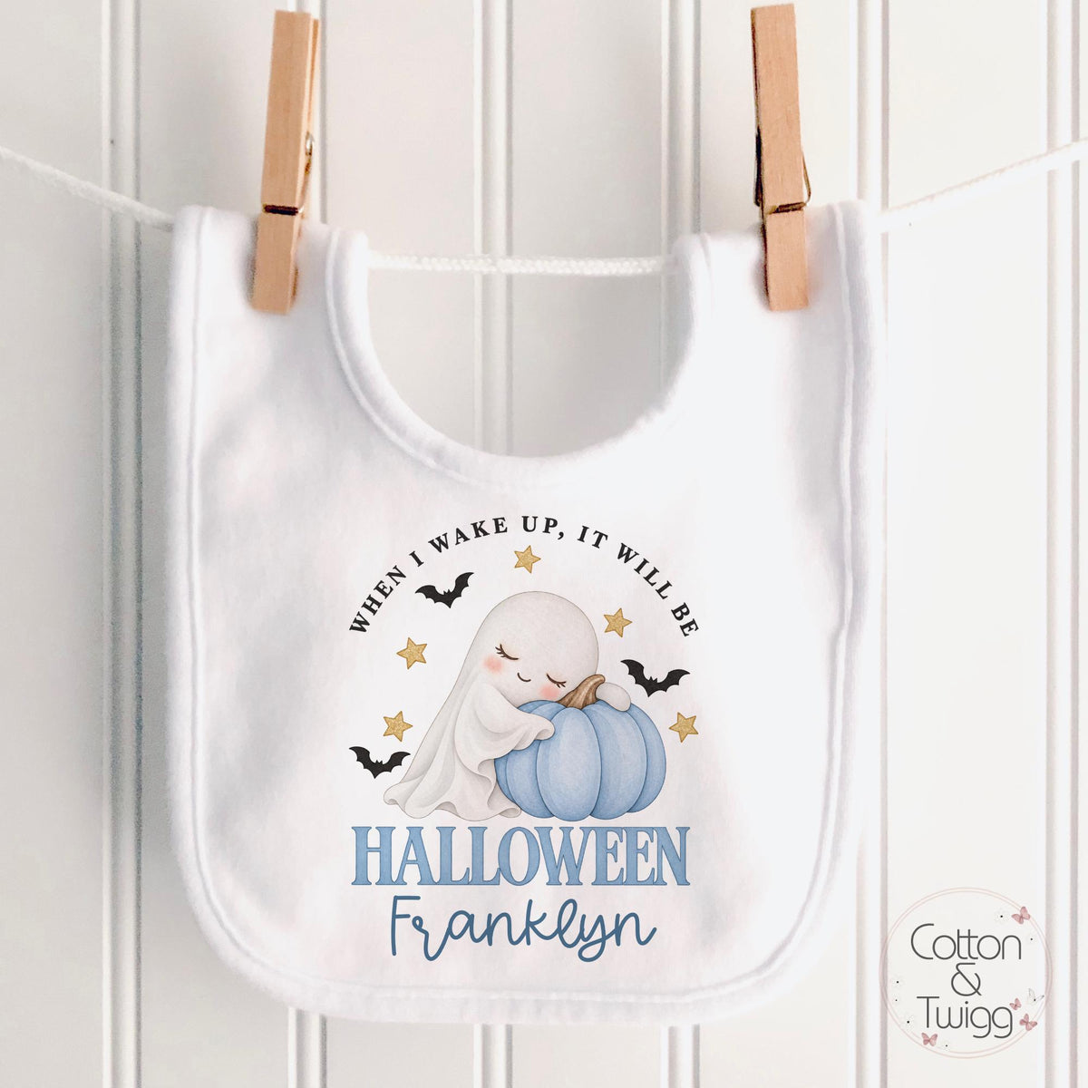 Blue Pumpkin Ghost 'When I Wake Up It Will Be Halloween' – Personalised Sleepsuit, Vest & Bib