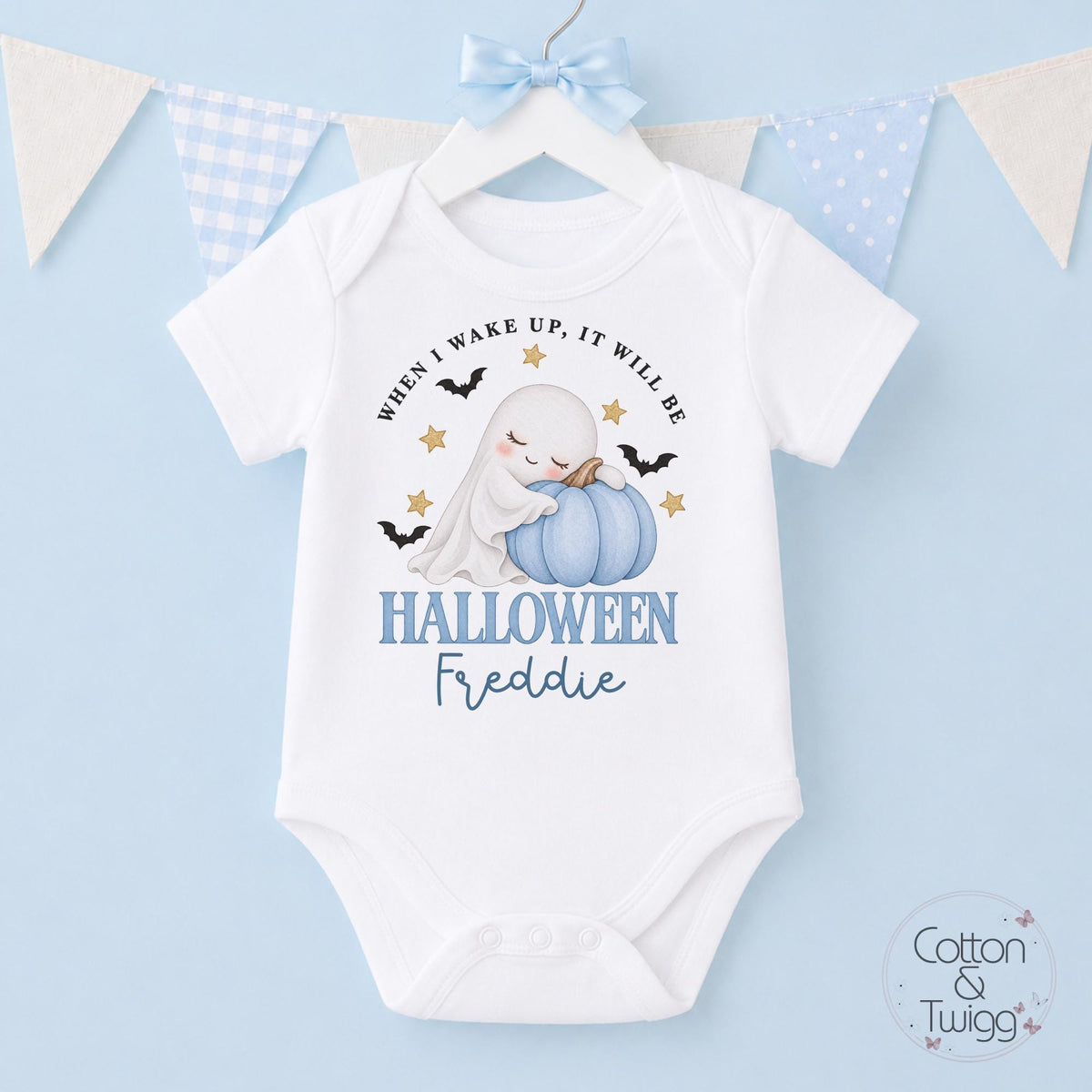 Blue Pumpkin Ghost 'When I Wake Up It Will Be Halloween' – Personalised Sleepsuit, Vest & Bib