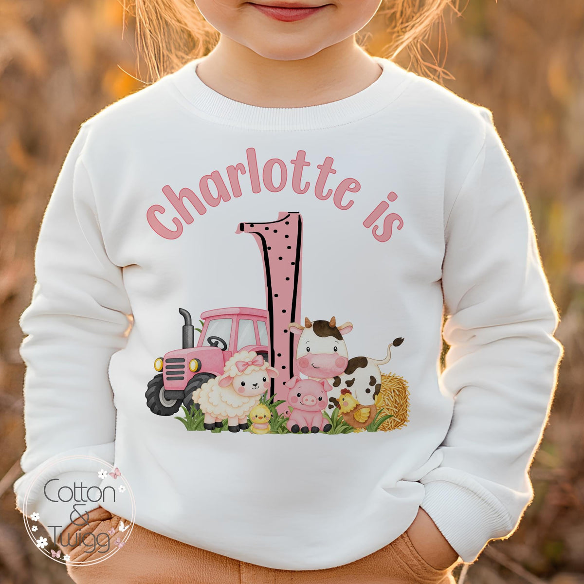 Pink Tractor & Farm Animals Personalised Birthday Outfit, Any Age