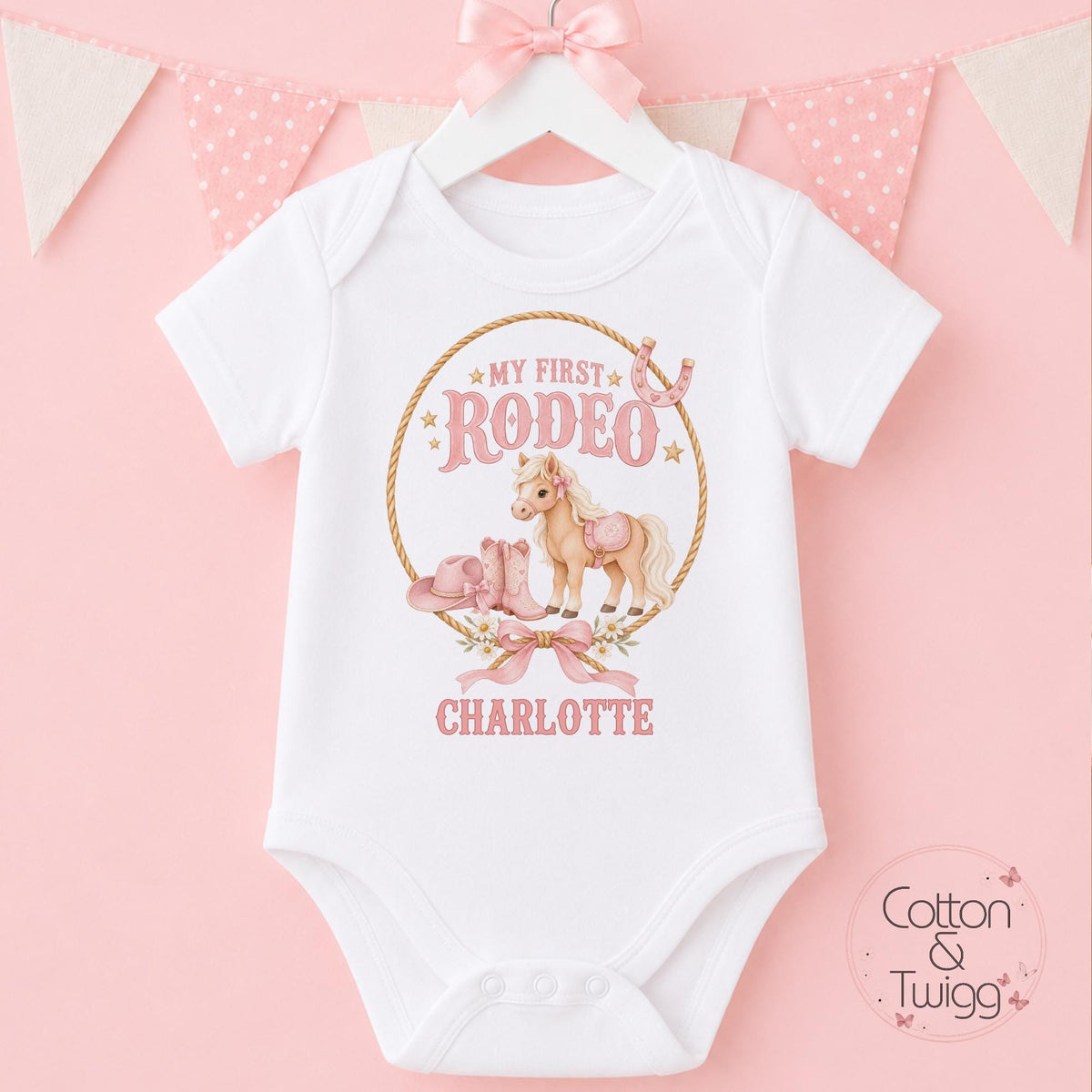 Pink Pony Cowgirl My First Rodeo Personalised Birthday Outfit