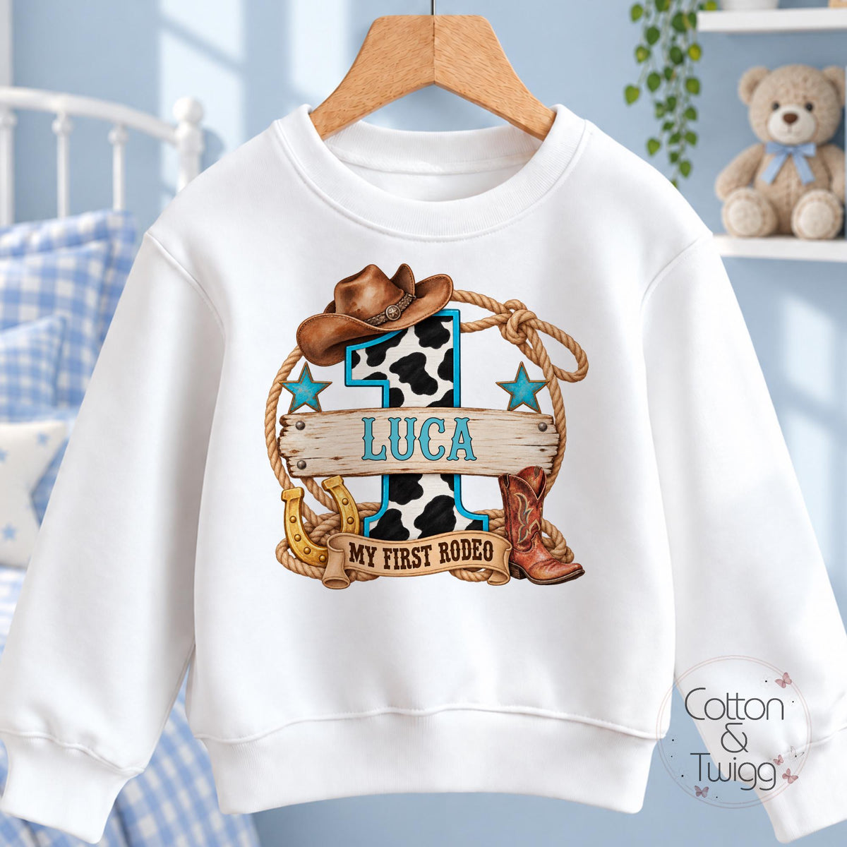 Blue Cowboy Number One First Rodeo Personalised Birthday Outfit