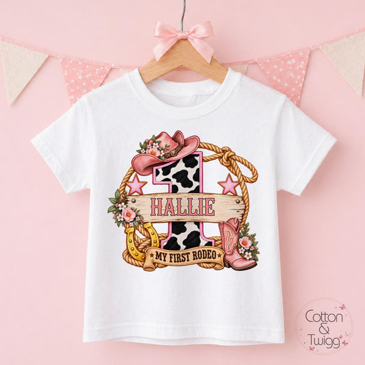 Pink Cow Print Number One First Rodeo Personalised Birthday Outfit