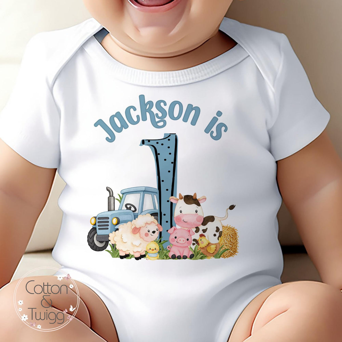 Blue Tractor & Farmyard Friends Personalised Birthday Outfit, Any Age