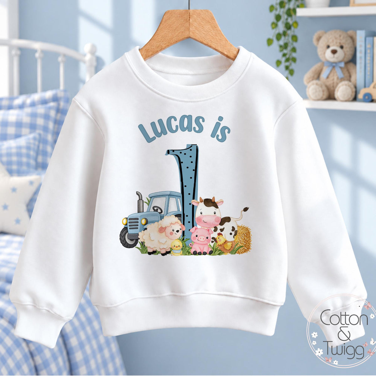 Blue Tractor & Farmyard Friends Personalised Birthday Outfit, Any Age