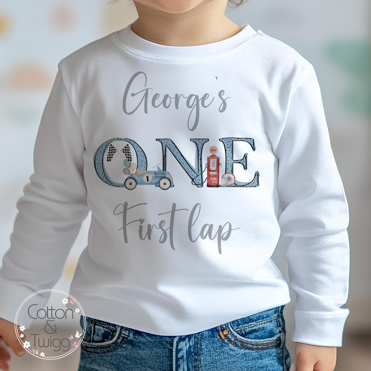 Blue Racing Car ONE First Lap Personalised 1st Birthday Outfit