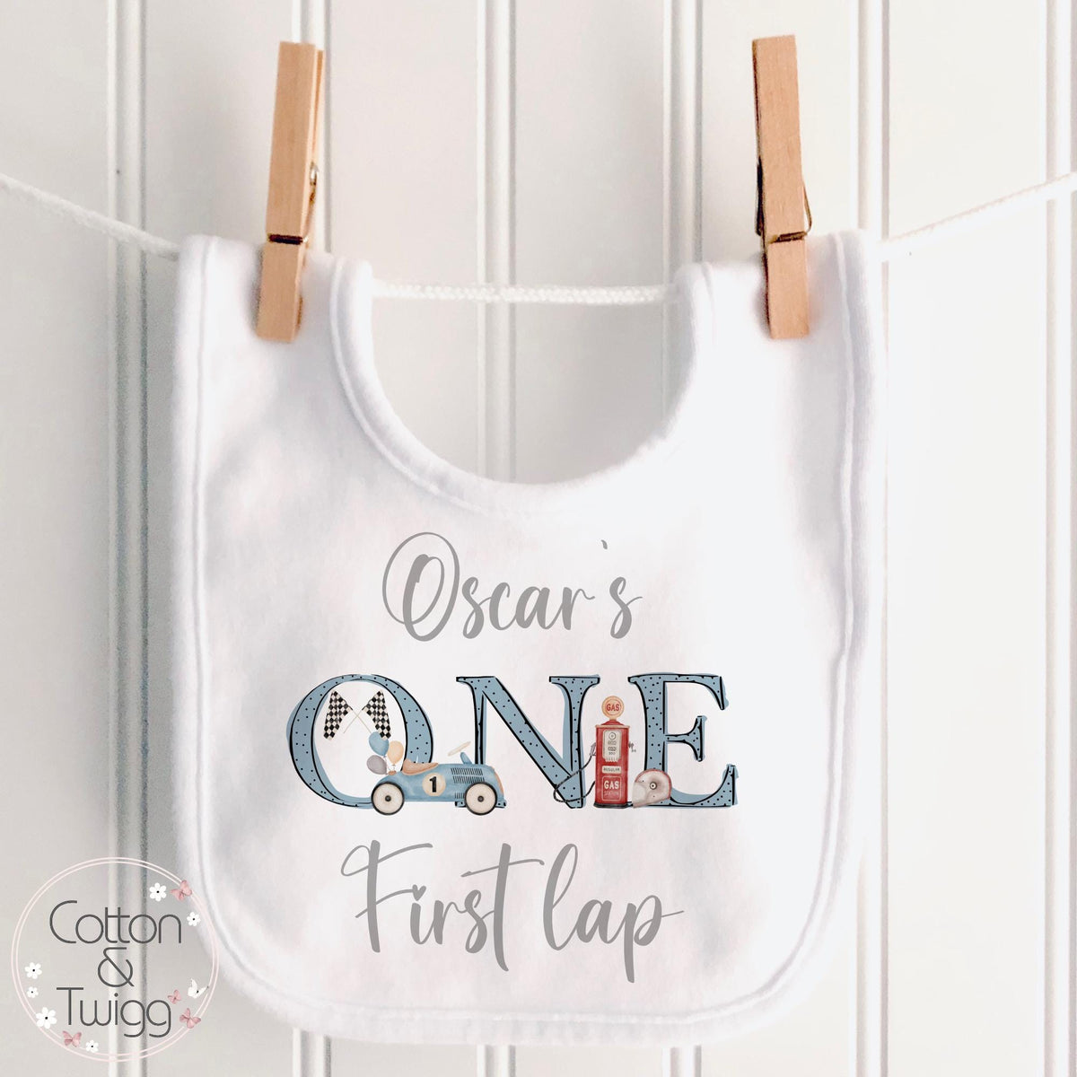 Blue Racing Car ONE First Lap Personalised 1st Birthday Outfit