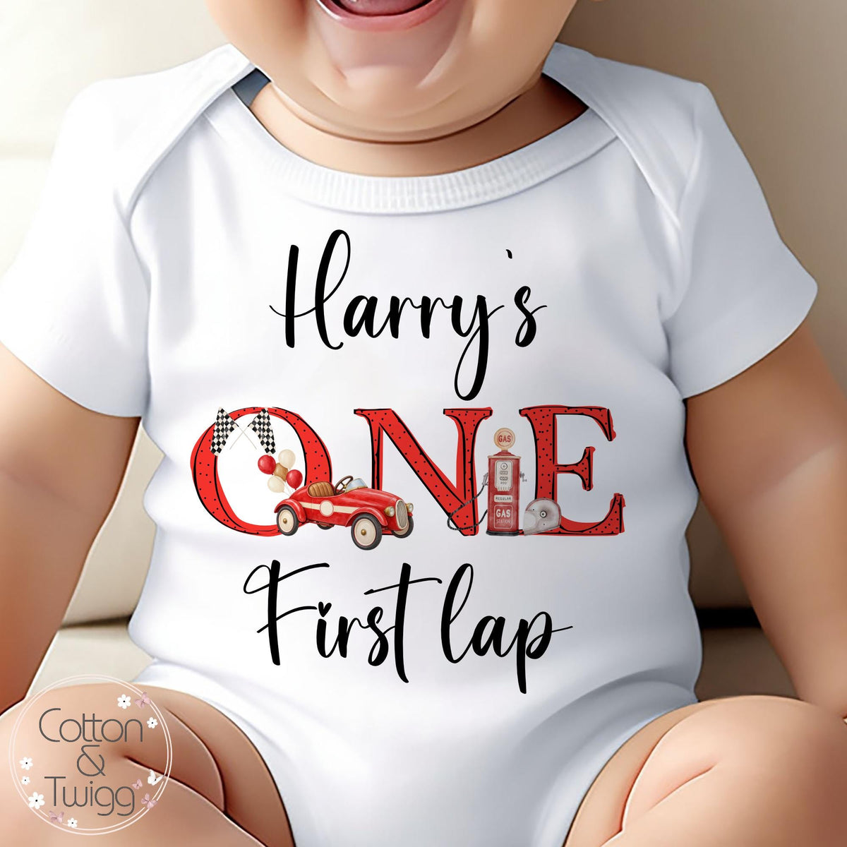 Red Racing Car ONE First Lap Personalised 1st Birthday Outfit