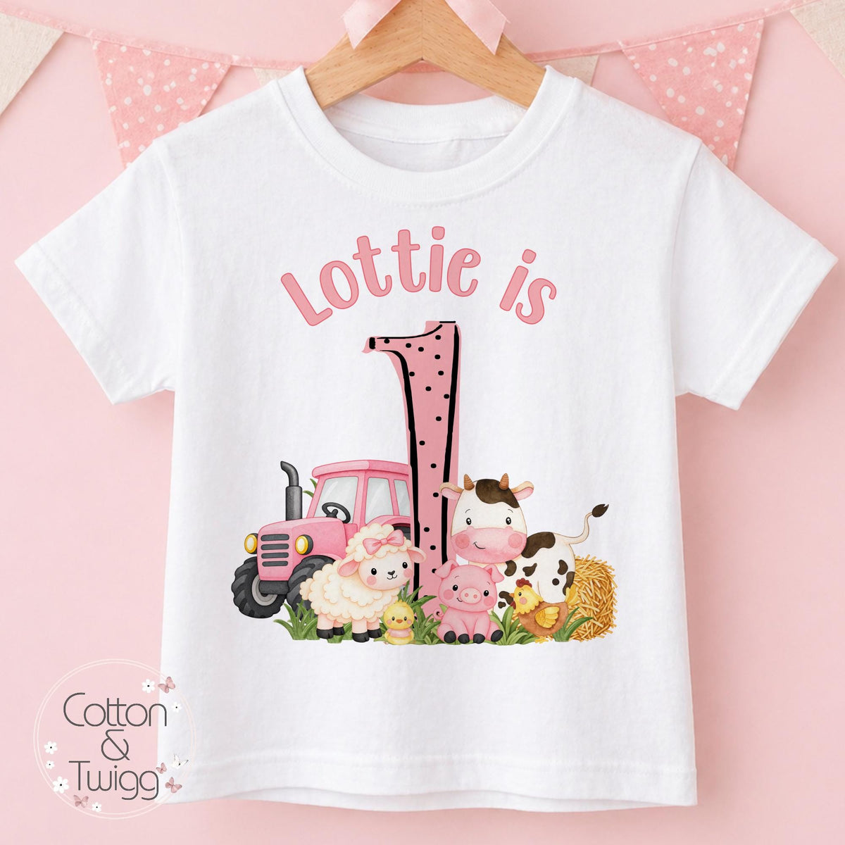 Pink Tractor & Farm Animals Personalised Birthday Outfit, Any Age