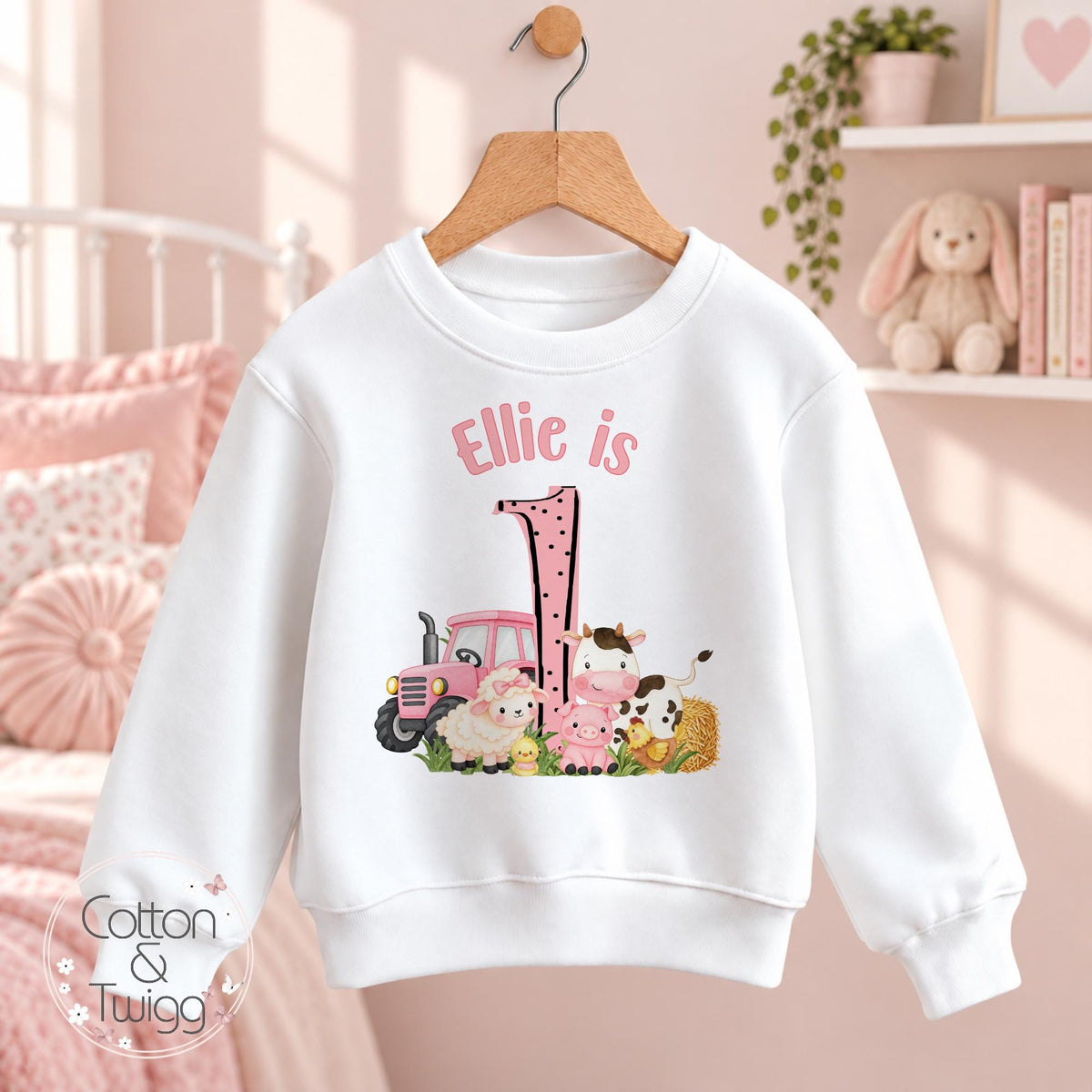 Pink Tractor & Farm Animals Personalised Birthday Outfit, Any Age