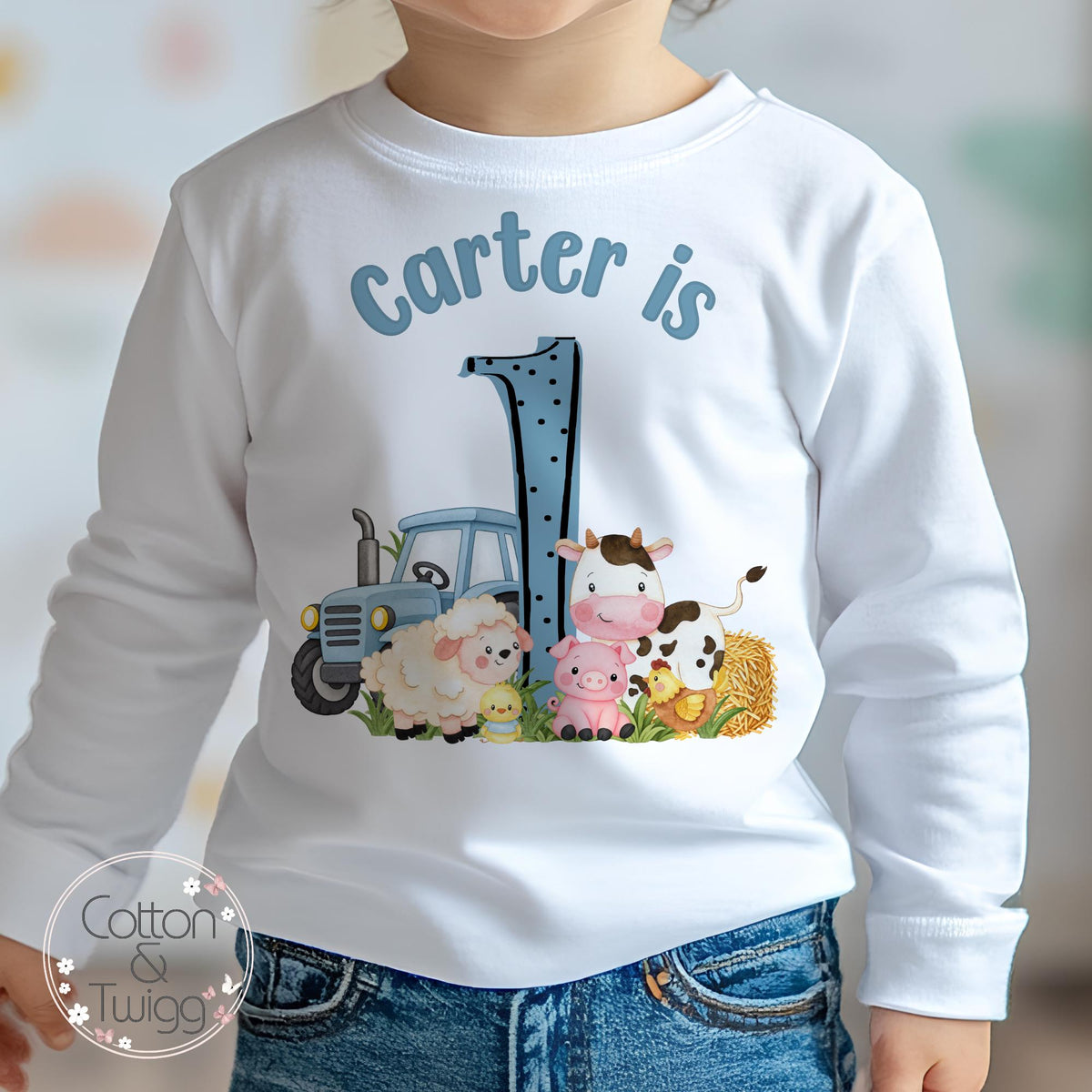 Blue Tractor & Farmyard Friends Personalised Birthday Outfit, Any Age