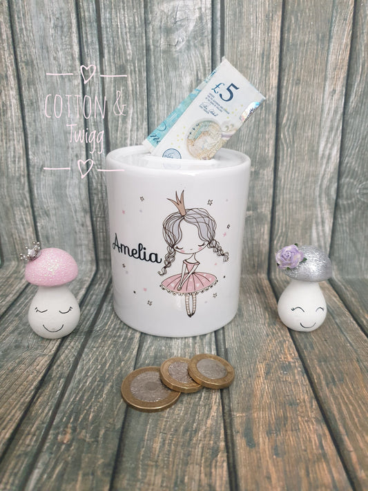 Personalised Ceramic Moneybox, Fairy Piggy Bank, Princess Savings Jar, Baby Girl Money Box, Princess Money Box, Fairy Princess Nursery Decor