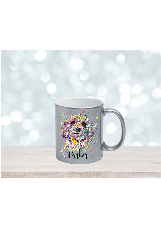 Cavapoo Dog Gift Set, Dog Mug & Coaster Set, Silver Personalised Dog Lovers Gift, Cavapoo Doggie's Birthday, Dog Owners Present