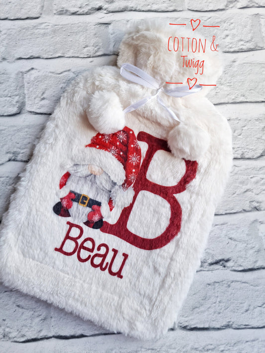 Personalised Hot Water Bottle, Red Gonk Hot Water Bottle, Fluffy Hot Water Bottle Cover, Christmas Gnome Gift For Her, Stocking Filler