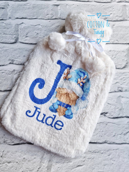 Personalised Hot Water Bottle, Blue Gonk Hot Water Bottle, Fluffy Hot Water Bottle Cover, Christmas Gnome Gift For Her, Stocking Filler