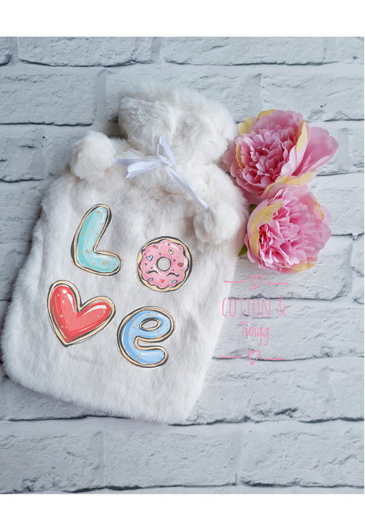 Personalised Love Hot Water Bottle, Faux Fur Hot Water Bottle Cover, Fluffy Bed Warmer, Birthday Gift For Her, Present For Mum Or Nan