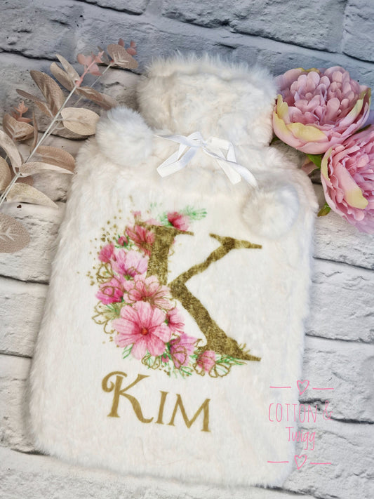 Personalised Hot Water Bottle, Faux Fur Hot Water Bottle Cover,Pink Floral Letter Design,Birthday Gift For Her, Present For Daughter, Sister