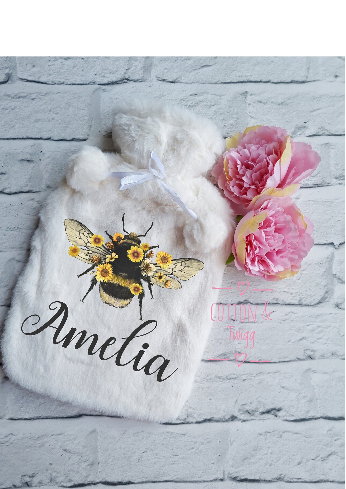 Personalised Bee Hot Water Bottle, Sunflower Hot Water Bottle,Fluffy Honey Bee Hot Water Bottle Cover,Floral Bumble Bee Gift For Her,Mum,Nan