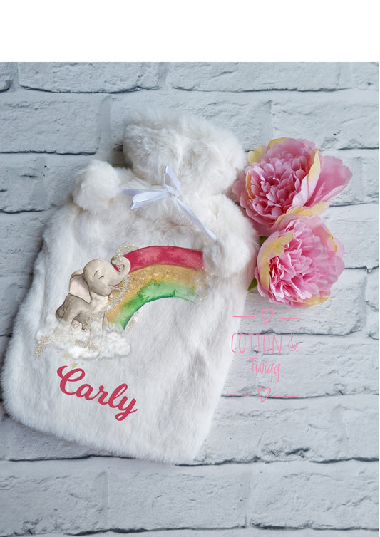 Personalised Elephant Hot Water Bottle, Rainbow Hot Water Bottle, Fluffy Hot Water Bottle Cover, Bed Warmer, Gift For Her,Mum, Nan,Birthday