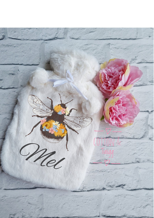 Personalised Bee Hot Water Bottle, Bee Hot Water Bottle, Fluffy Honey Bee Hot Water Bottle Cover, Floral Bumble Bee, Gift For Her, Mum, Nan