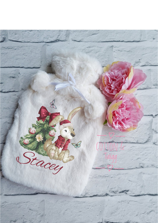 Personalised Rabbit Hot Water Bottle, Faux Fur Hot Water Bottle Cover, Fluffy Bed Warmer, Christmas Gift For Her, Present For Mum Or Nan