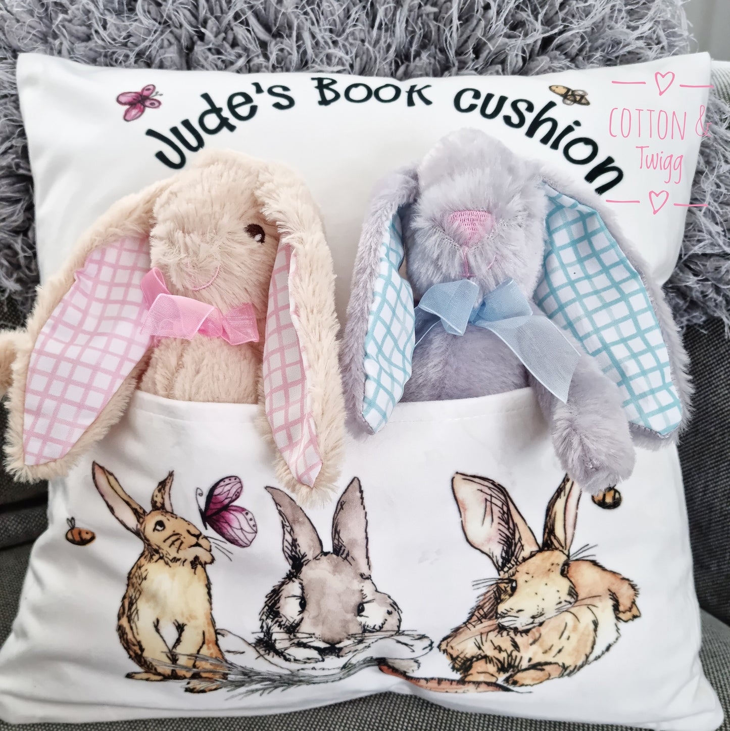 Personalised Book Cushion, Personalised bunny Rabbit Gift, Bunny Pocket Pillow, New Baby Gift, Baby shower Gift, Gift For Her, bunny Lover